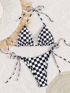 Lace Up Multi-color Checkered Split Swimsuit Women