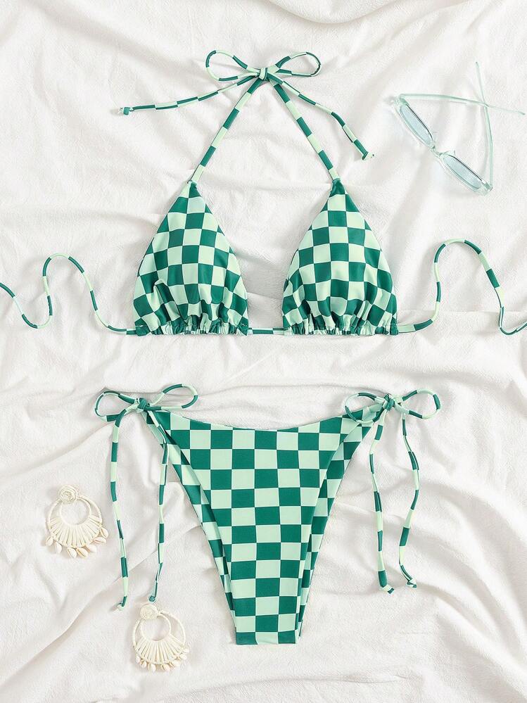 Lace Up Multi-color Checkered Split Swimsuit Women