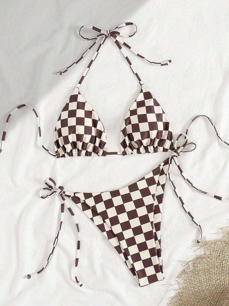 Lace Up Multi-color Checkered Split Swimsuit Women