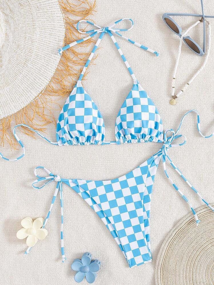 Lace Up Multi-color Checkered Split Swimsuit Women