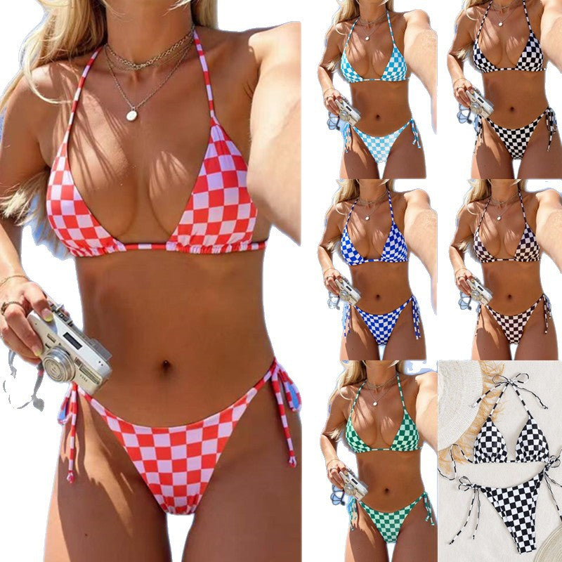 Lace Up Multi-color Checkered Split Swimsuit Women