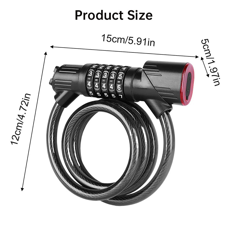 5-Digit Password Bike Lock with Safety Tail Light - Anti-Theft Steel Cable Chain Lock, Bicycle Security Accessory