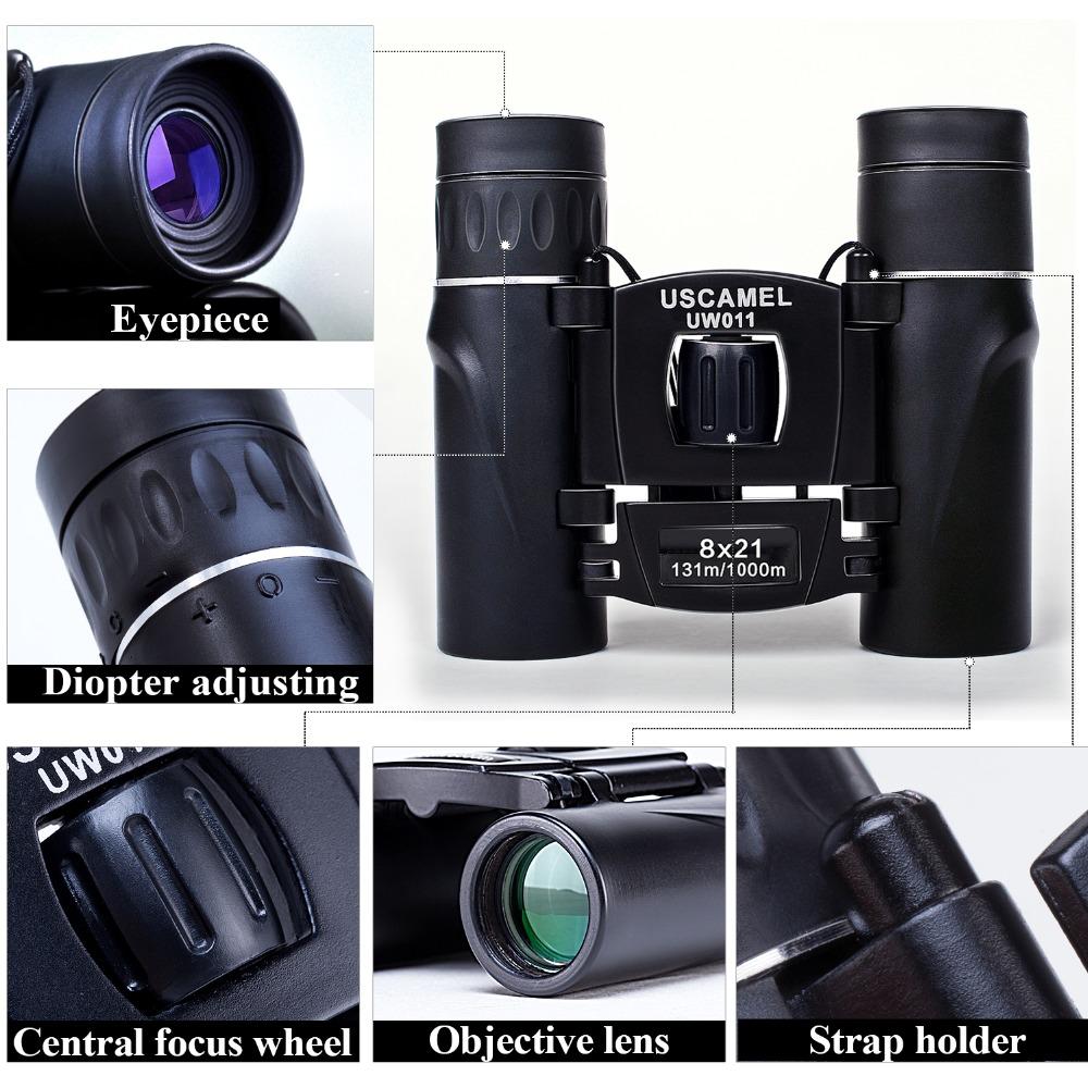 USCAMEL 8x21 Compact Zoom Binoculars Long Range 3000m Folding HD Powerful Mini Telescope Bak4 FMC Optics Hunting Sports Black