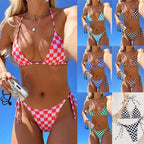 Lace Up Multi-color Checkered Split Swimsuit Women